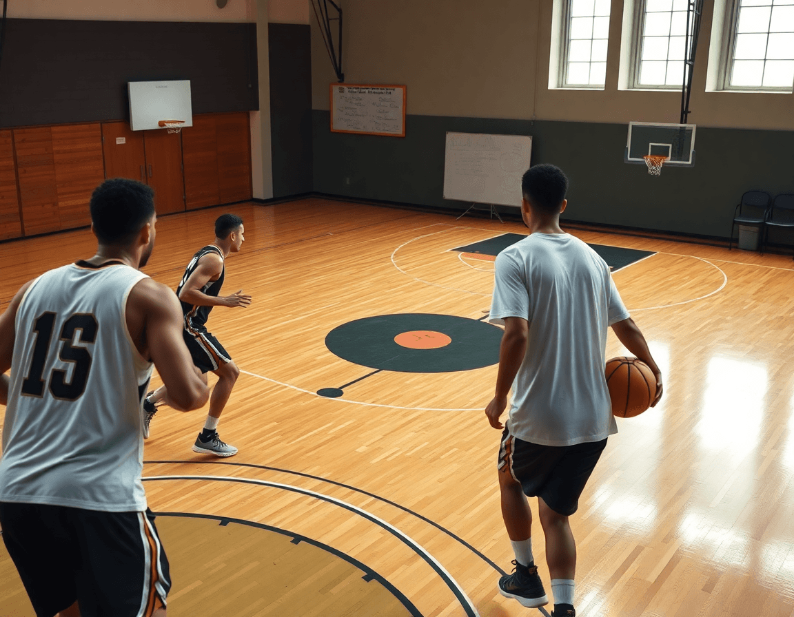Open gym basketball drills unfold as players pass on the top arc while the coach watches.