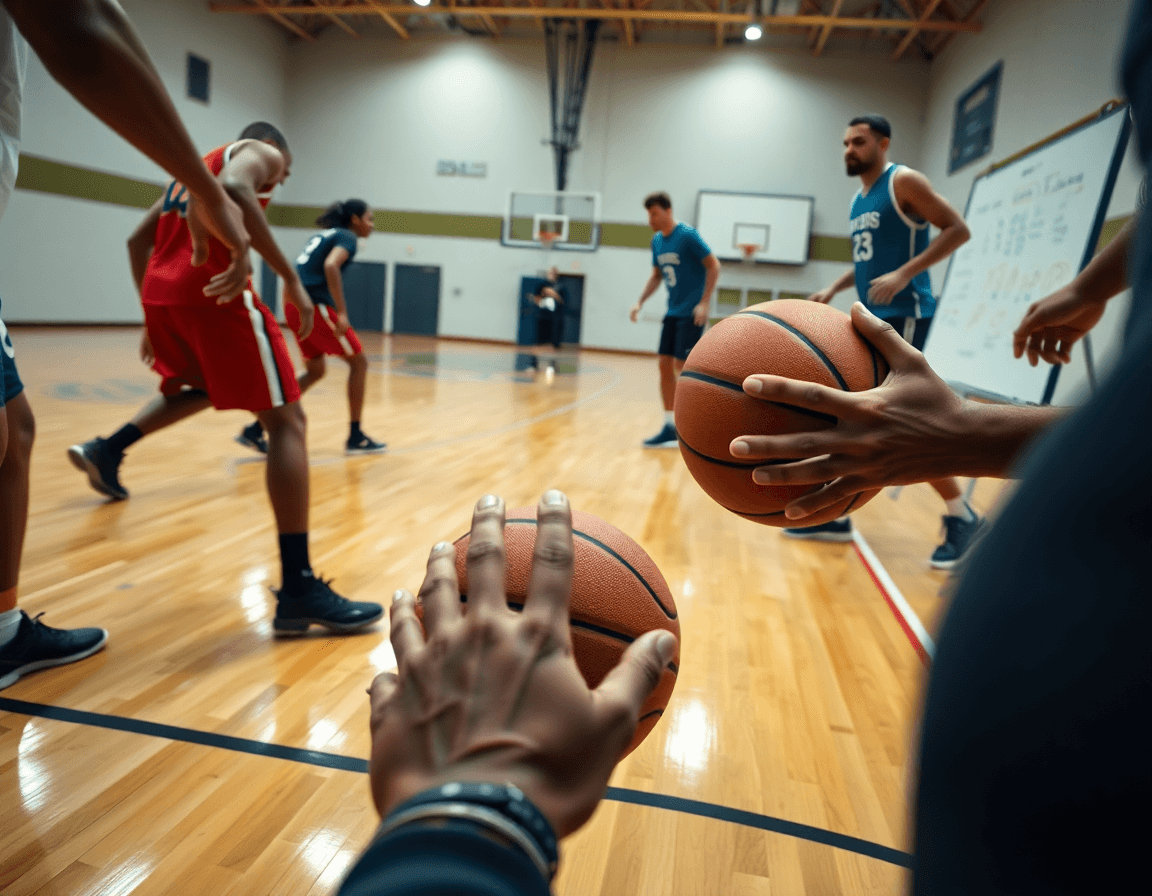 Close-up on hands and a basketball during open gym basketball drills, showing a coach's guidance.