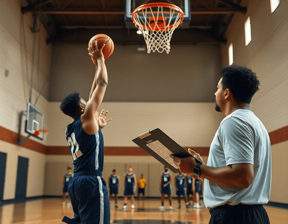 Coach reviews scouting notes while basketball clips play on a laptop during open gym basketball drills.