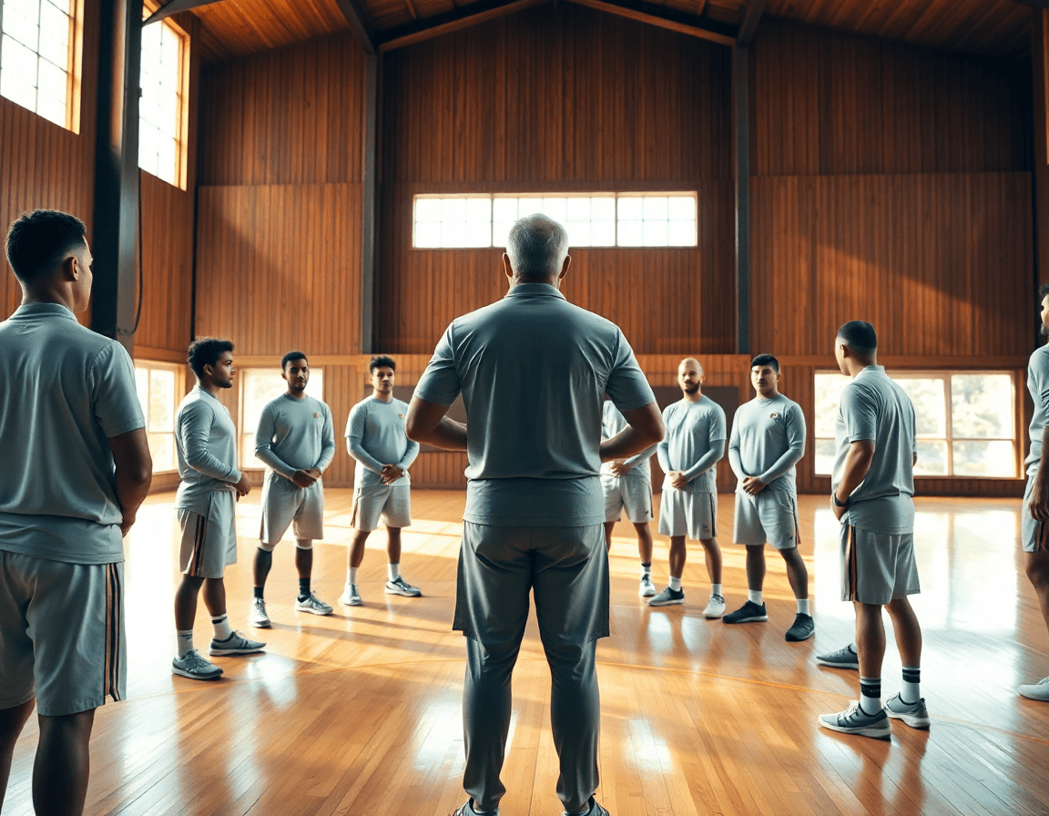 Wide-angle shot of open gym basketball drills in a busy gym, coach directing players.