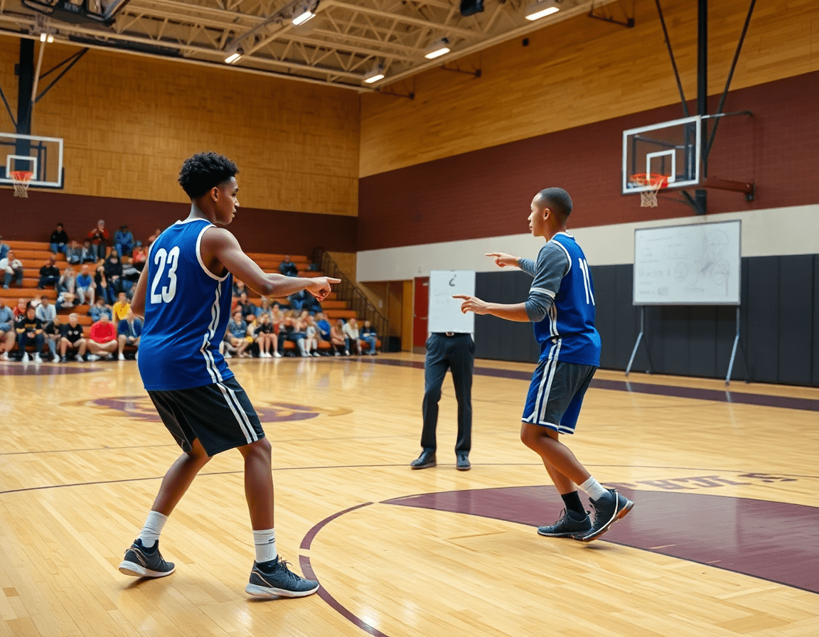 Wide shot of passing drills for youth basketball on a hardwood court with a coach guiding players.