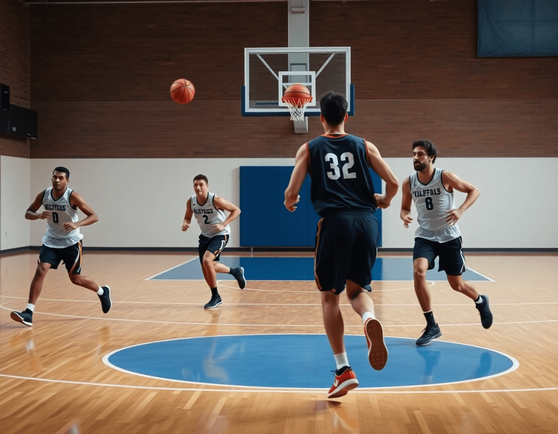 Three players exchange passes near the key, showcasing passing drills for youth basketball in a busy gym.