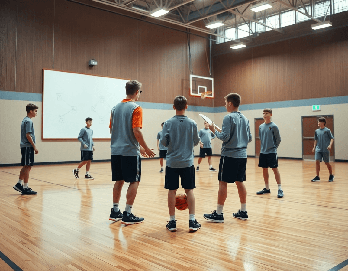 Wide cinematic view of passing drills for youth basketball in a gym with a coach directing practice.