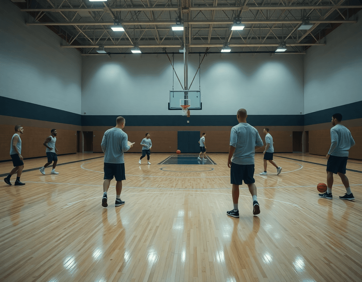 Wide-angle view of a pick and pop basketball drill unfolding in a gym.