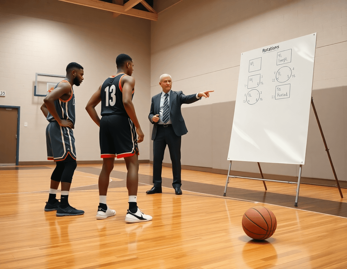 Two players in defensive stance on the hardwood basketball court while a coach explains basketball rotations.