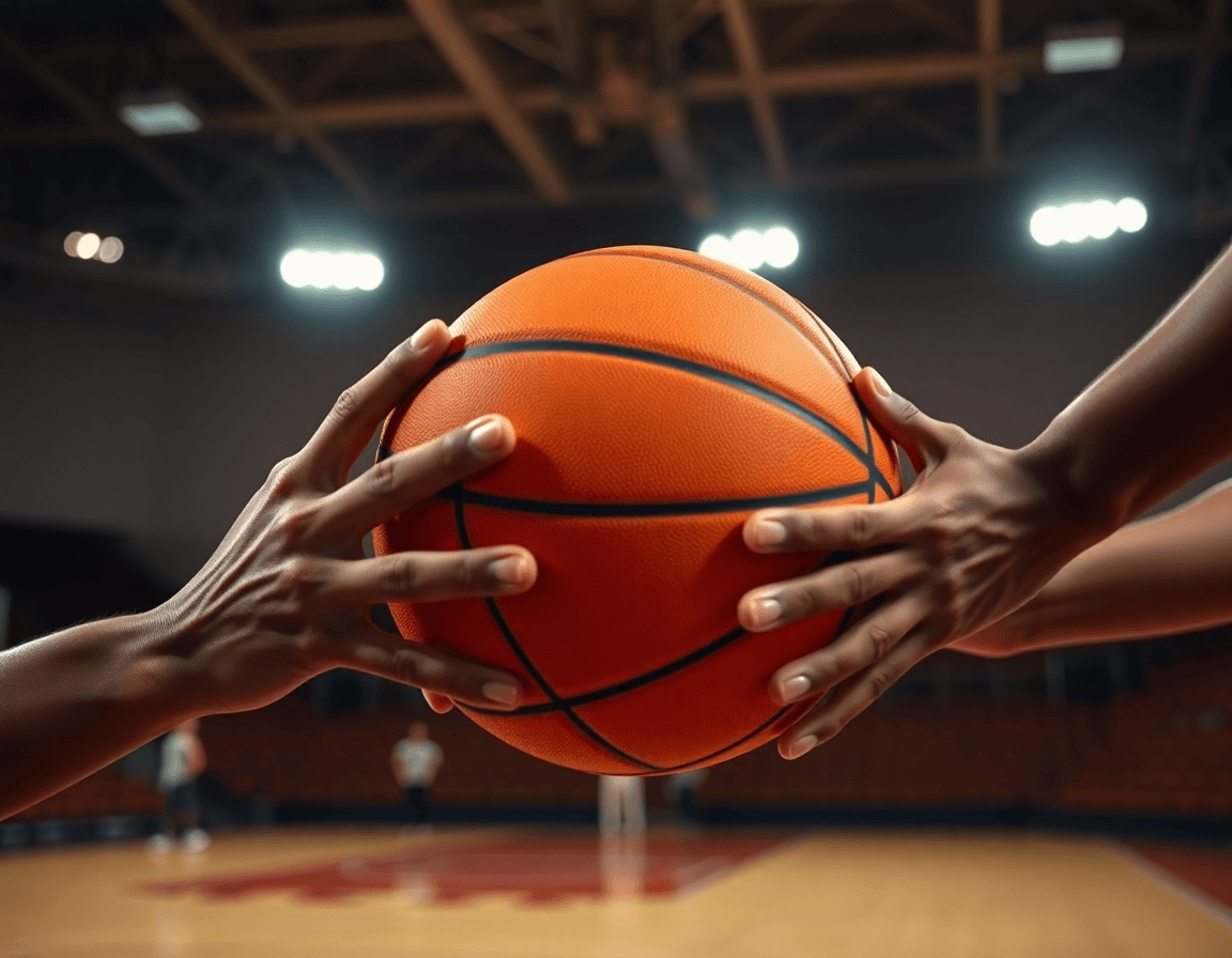 Close-up on hands guiding a basketball during drill under bright gym lights.