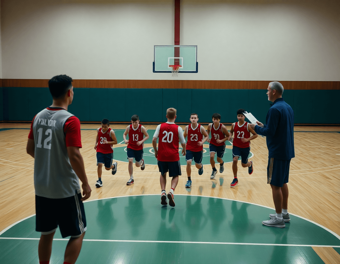 Small group of players running a basketball drill on the basketball court with coach watching.