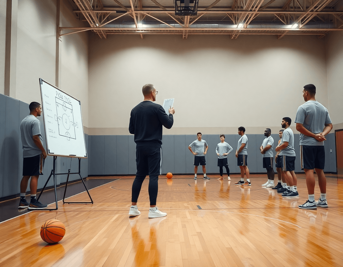 Wide gym view showing pick and roll defense planning with coach and players during basketball practice.