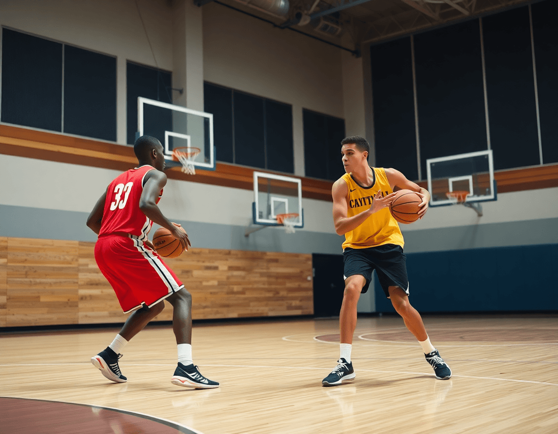 Two players execute pick and roll drills for beginners in a basketball gym near the key.