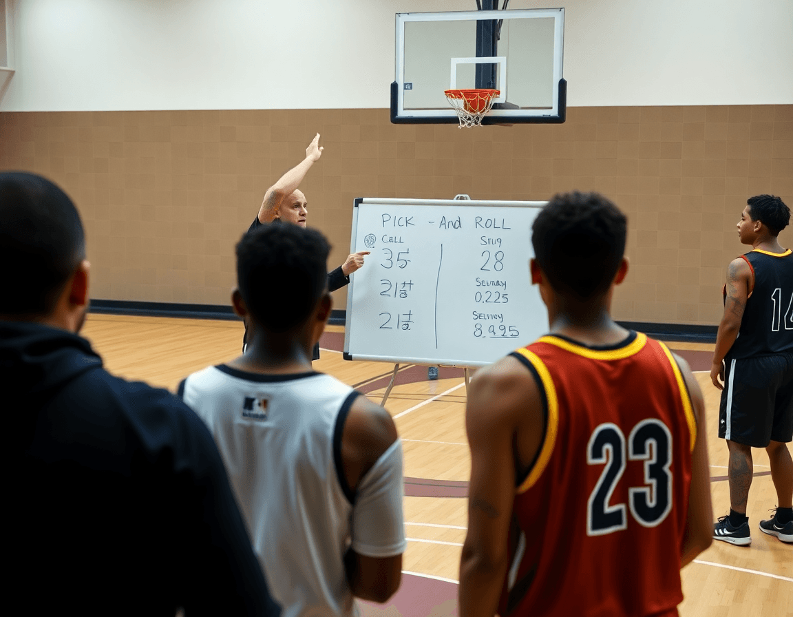 Coach with a whiteboard demonstrates pick and roll drills for beginners as basketball players watch on court.