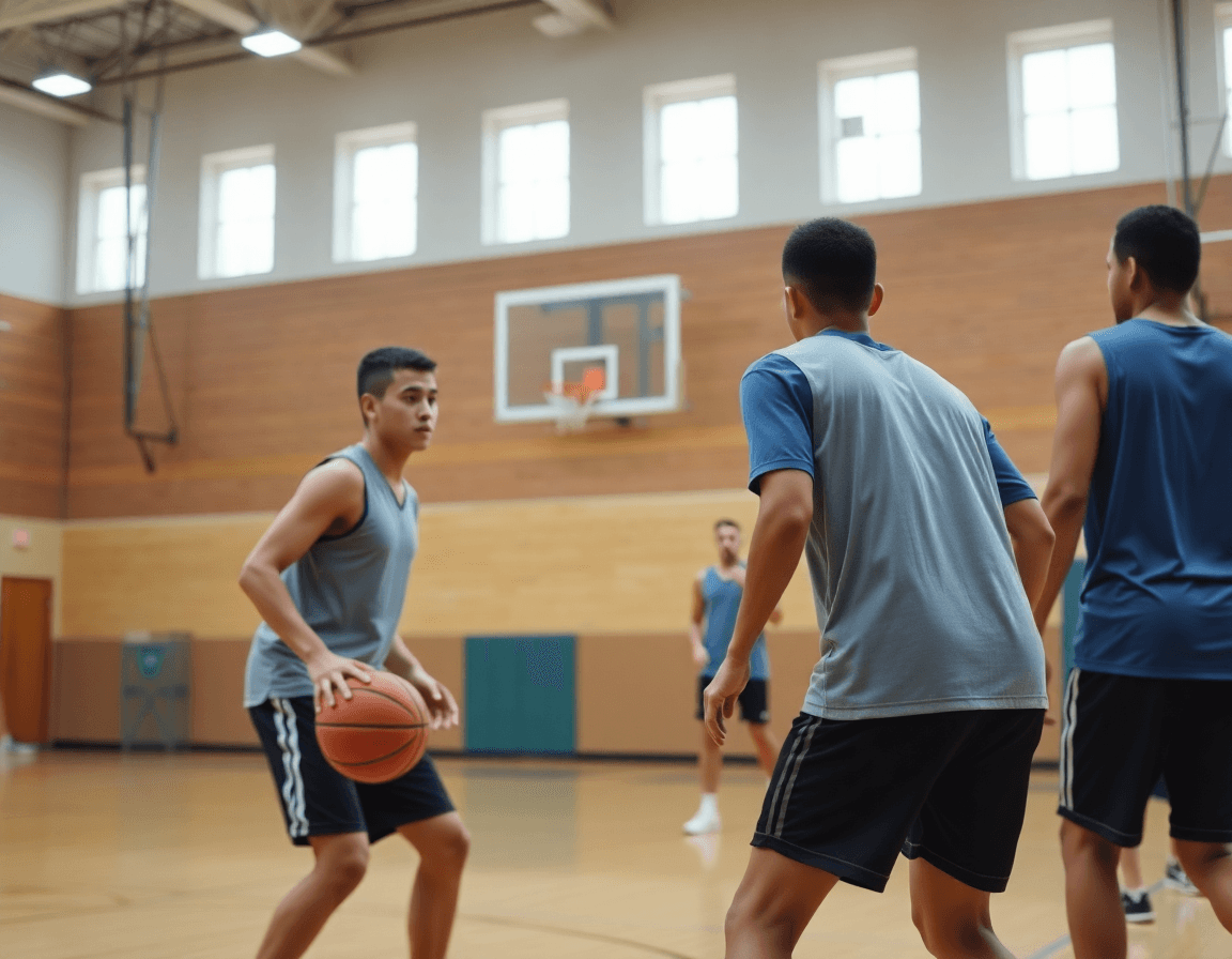 Coaching video review shows pick and roll drills for beginners during a basketball session in a basketball gym.