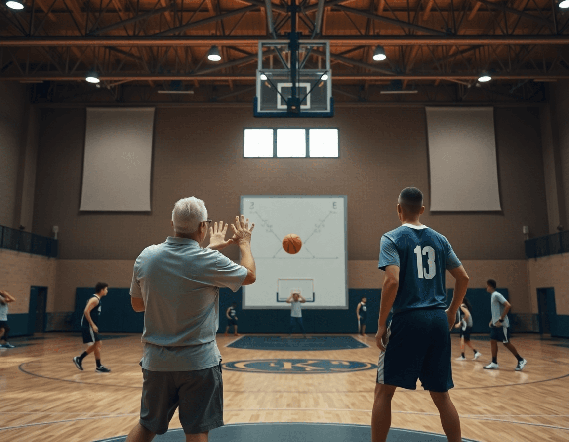 Wide basketball gym scene shows pick and roll drills for beginners with coach and players on basketball court.