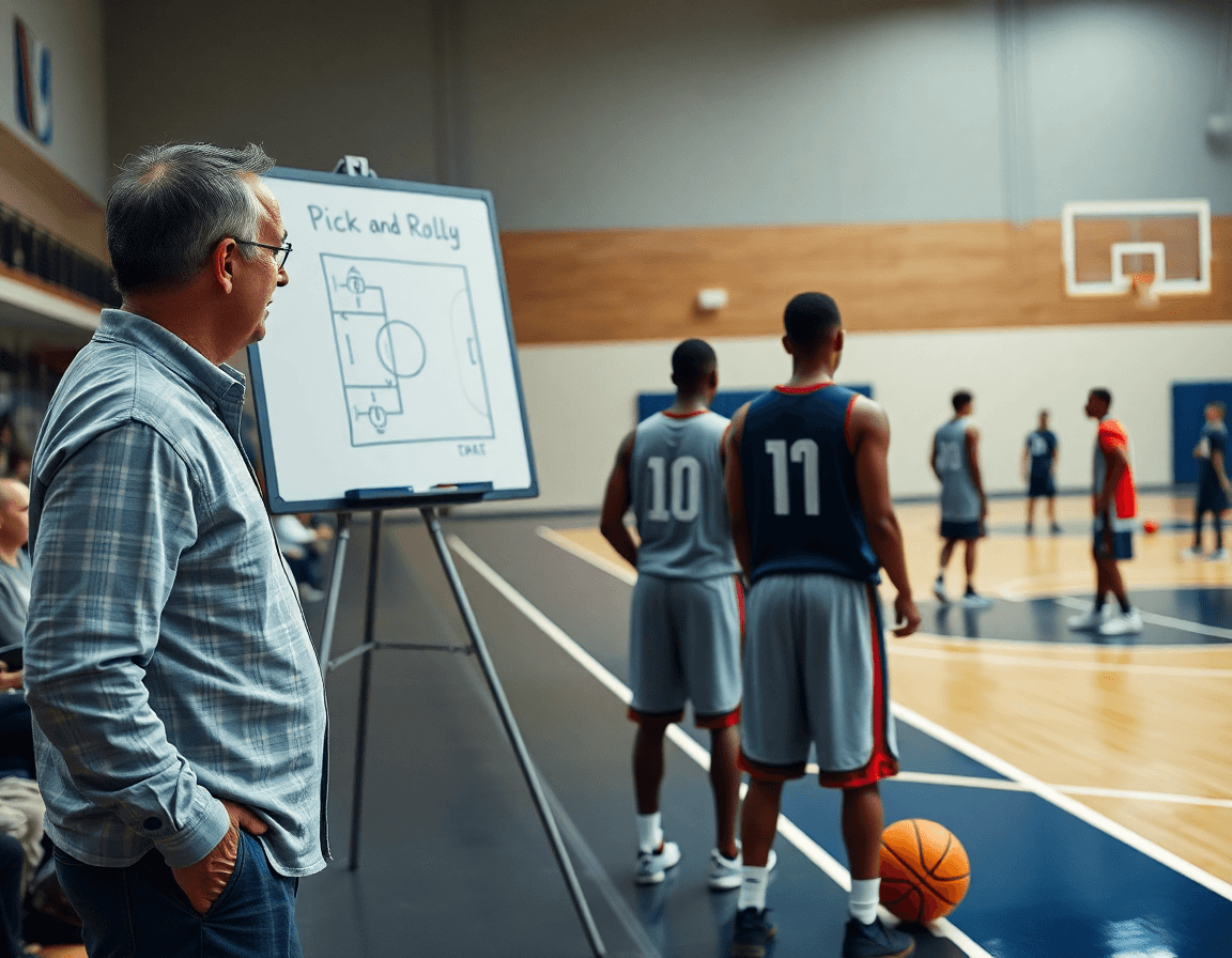 Coach sketches pick and roll on whiteboard while players rehearse near the key.