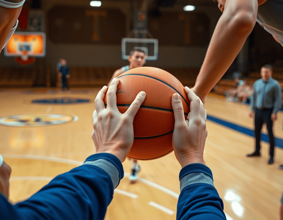 Close-up on hands and an orange basketball during a pick and roll drill in practice.