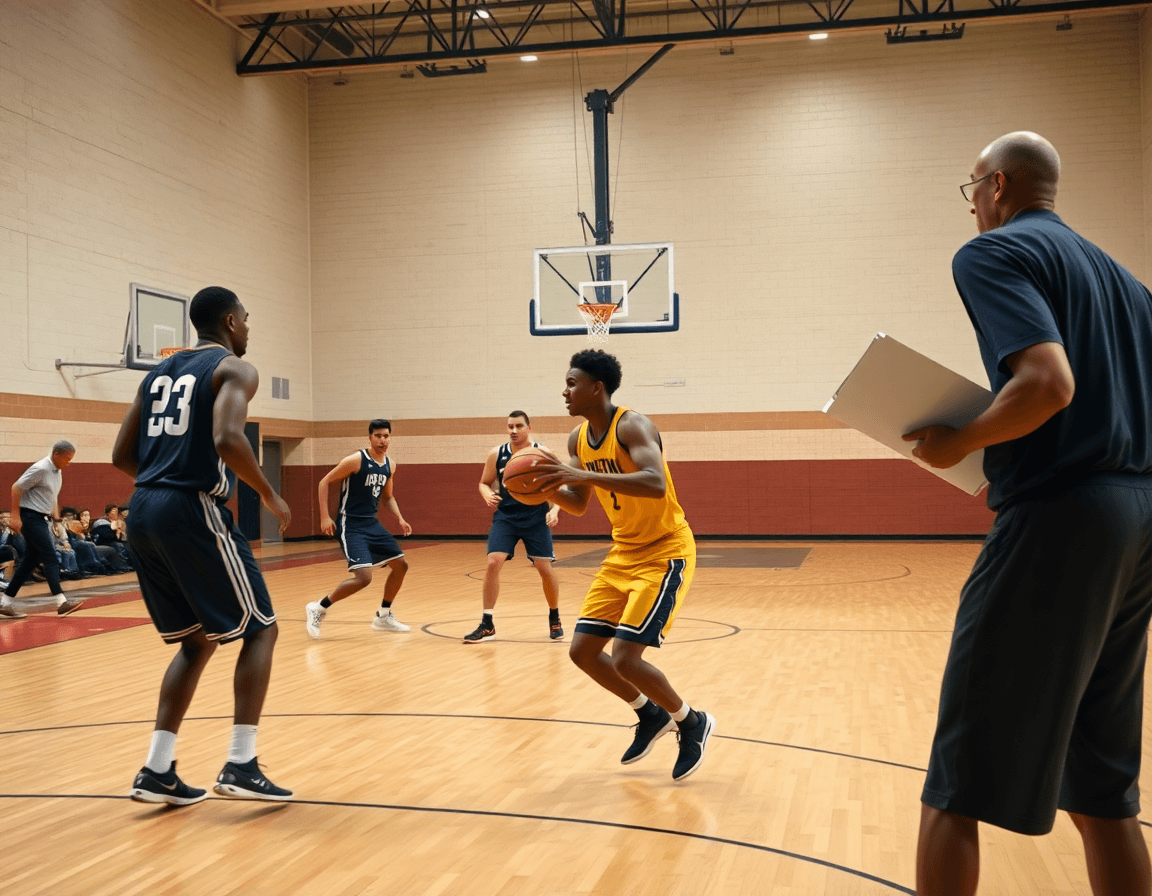 Full-court basketball drills showing players executing pick and roll drills under coach guidance.