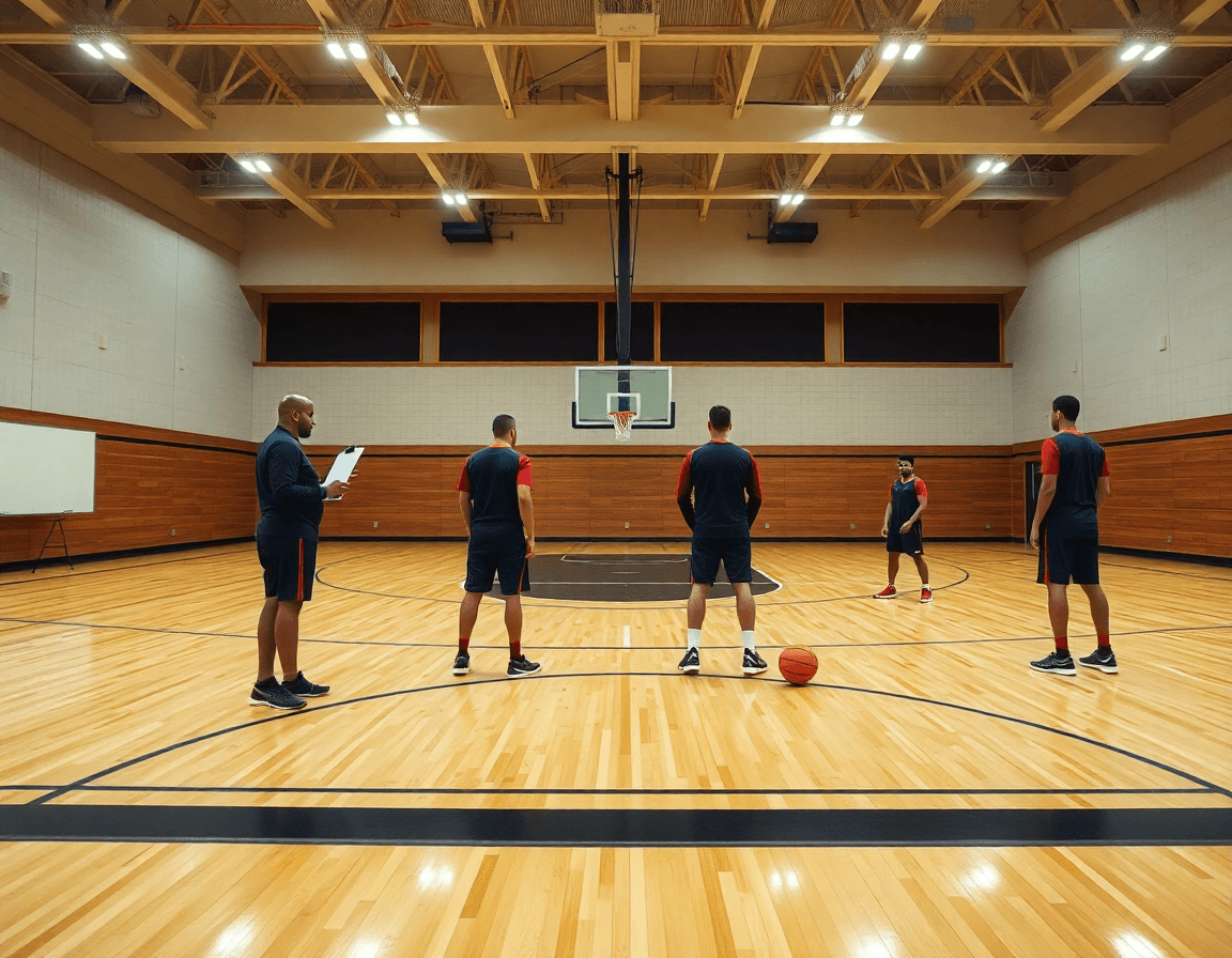 Wide gym scene of basketball players practicing pick and roll drills under bright lights.