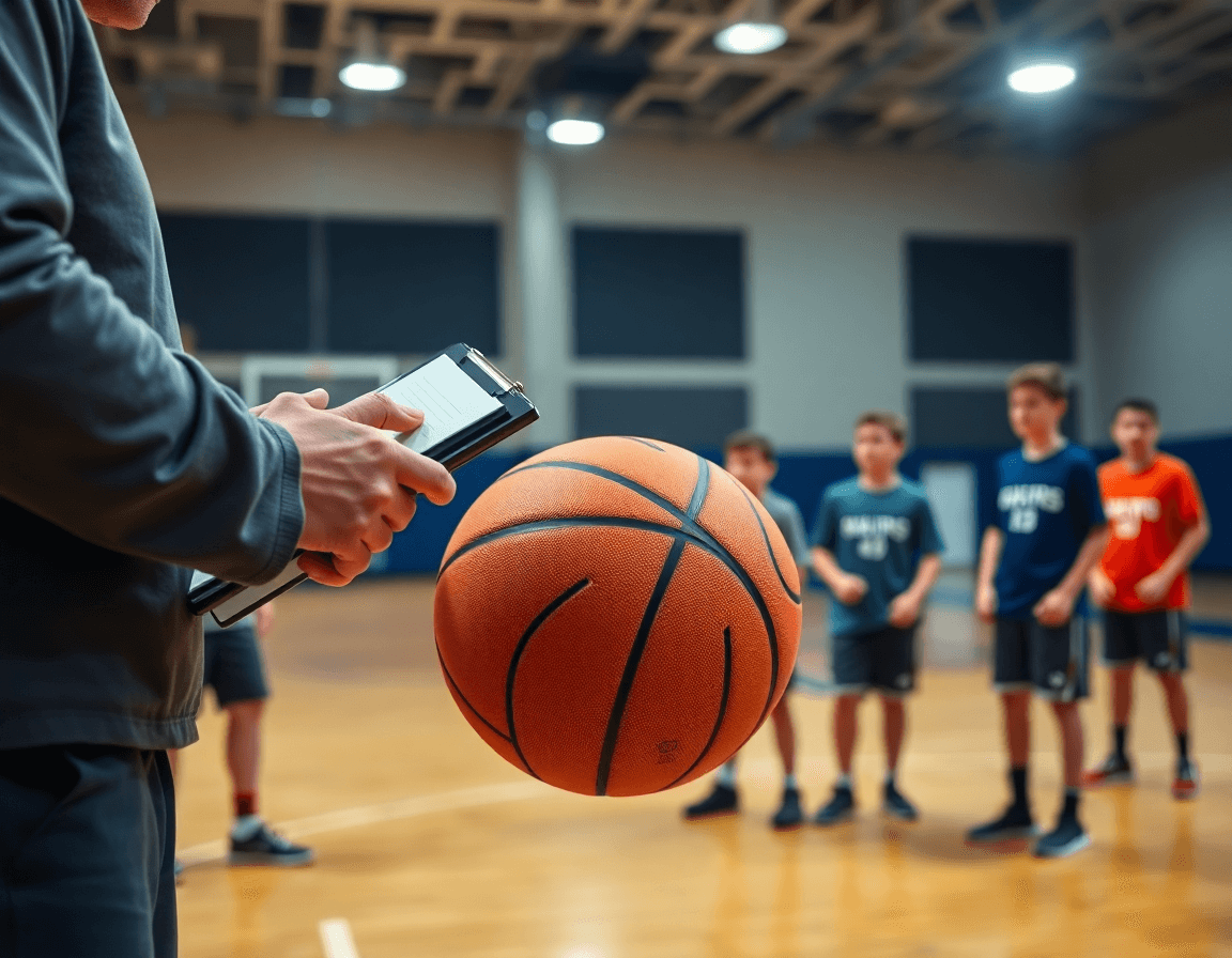 Close-up on hands and basketball as coach explains pick and roll drills for youth basketball.
