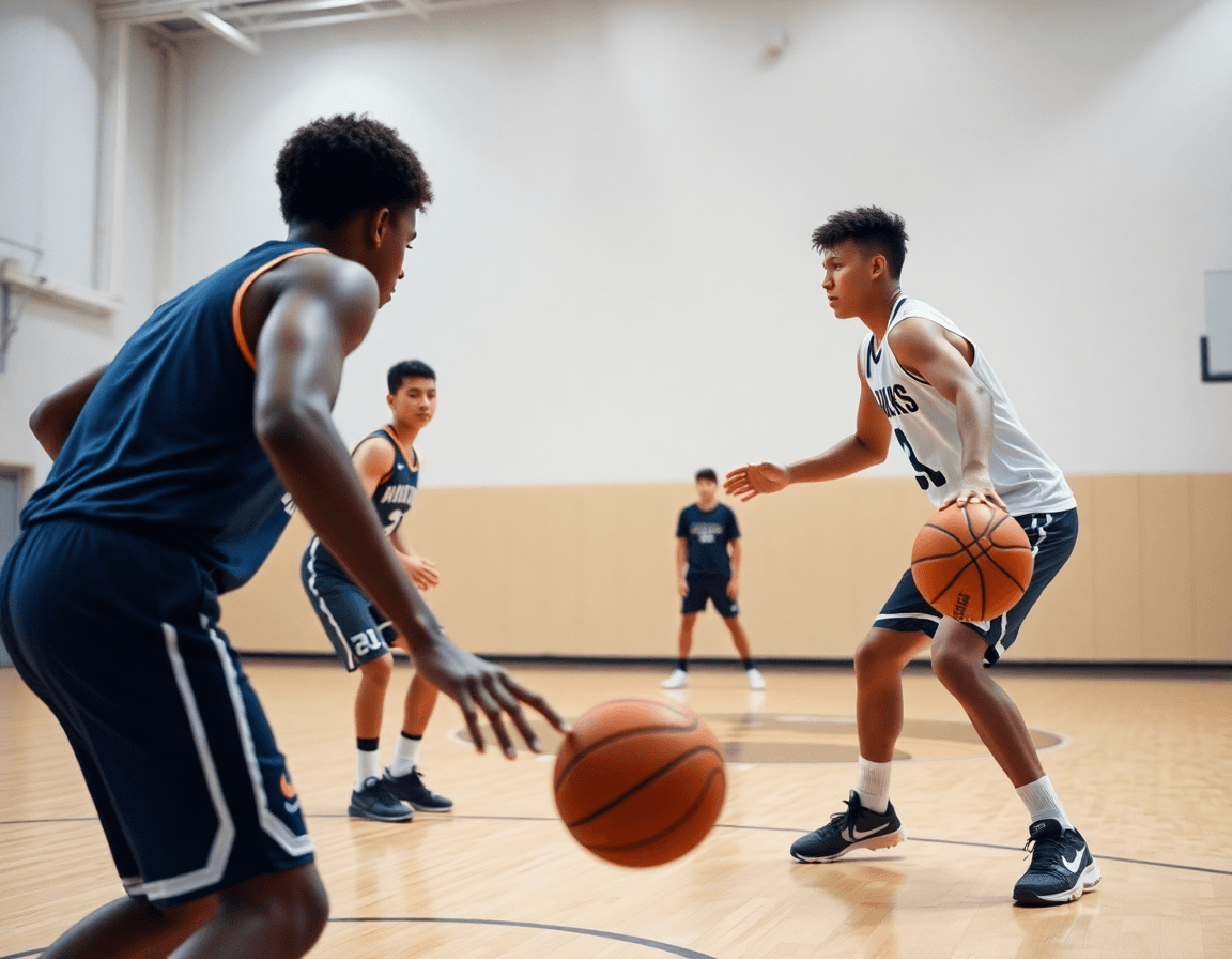 Close-up on spacing and timing in pick and roll drills for youth basketball on the hardwood.