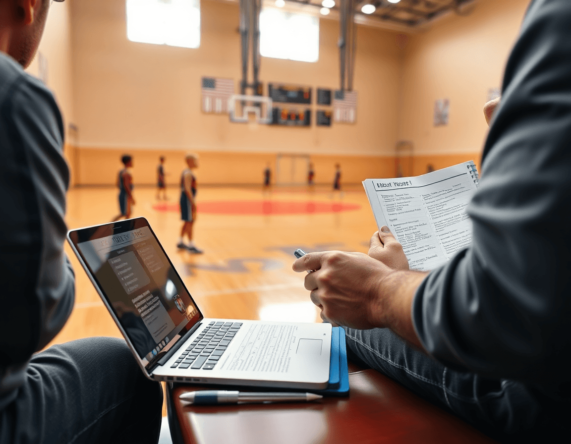 Coach reviews pick and roll drills for youth basketball on a tablet while basketball playbooks line the wall.
