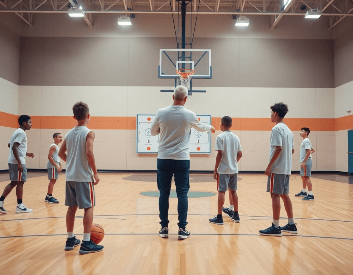 Wide shot of basketball players practicing pick and roll drills for youth basketball under gym lights.