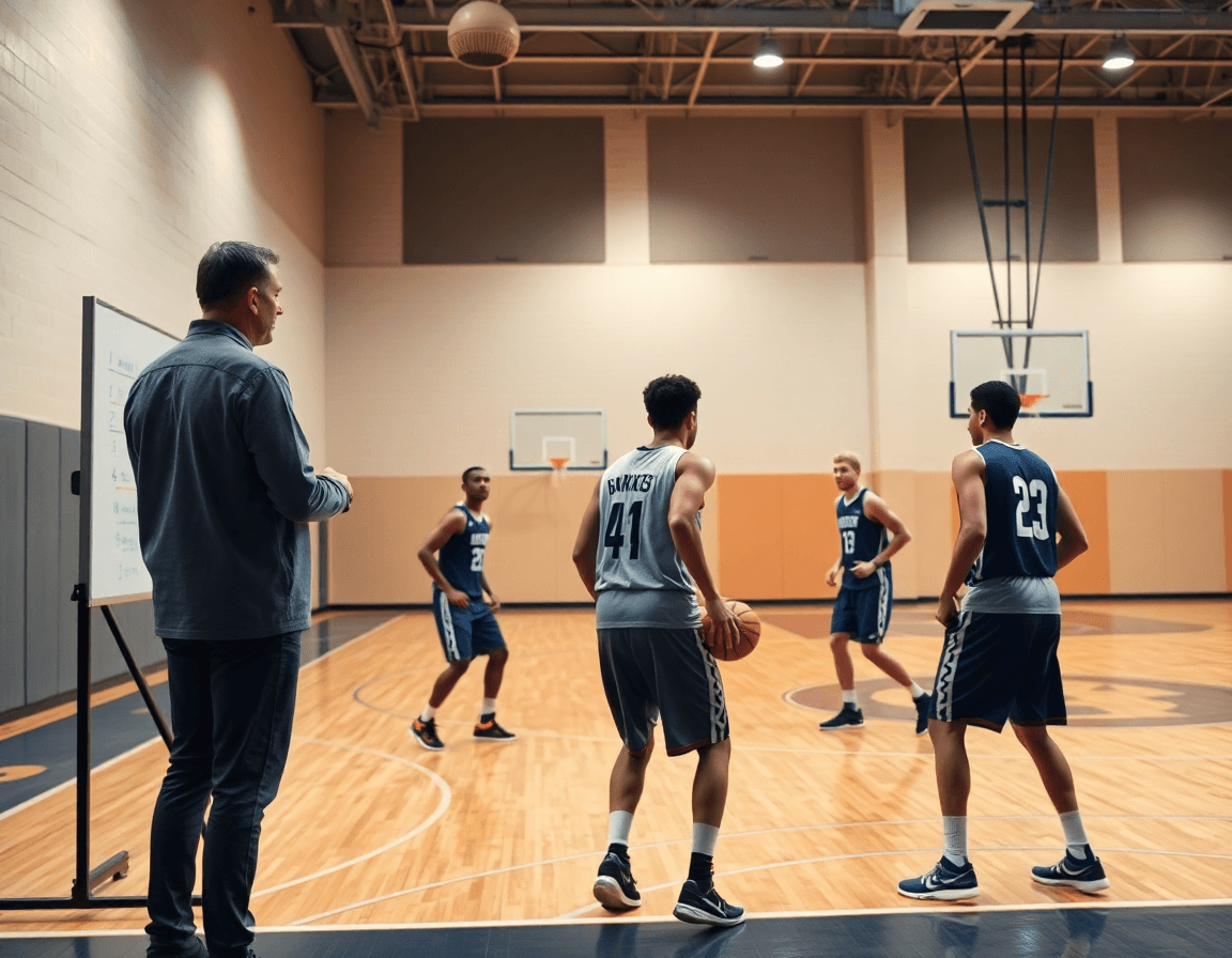Coach explains pick and roll plays for youth basketball as players practice at the sideline.