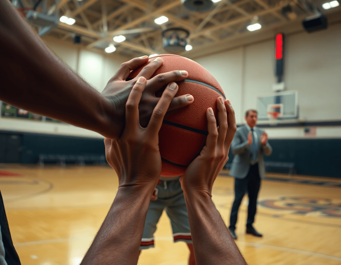 Close up on hands gripping a basketball as a teammate screens, the hardwood basketball court visible.