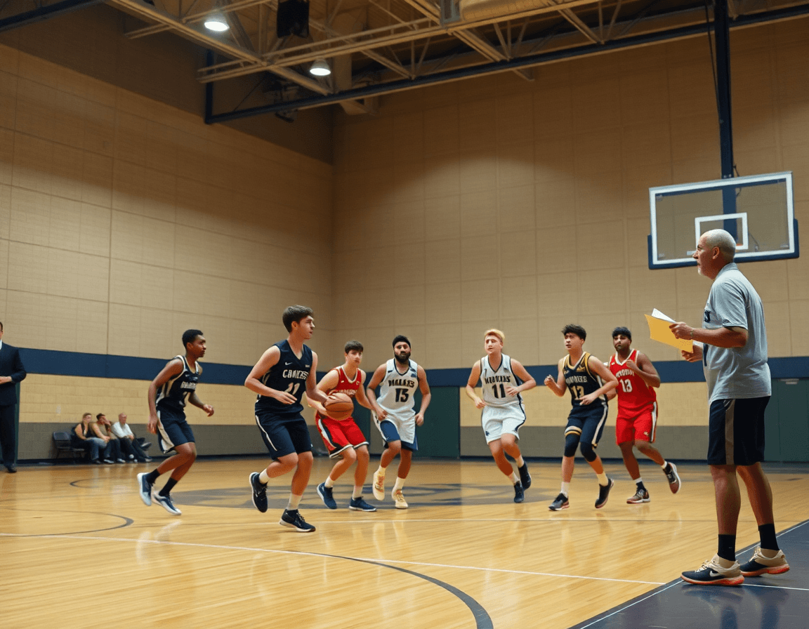 Players run a full-court basketball play as a coach directs pick and roll plays for youth basketball.