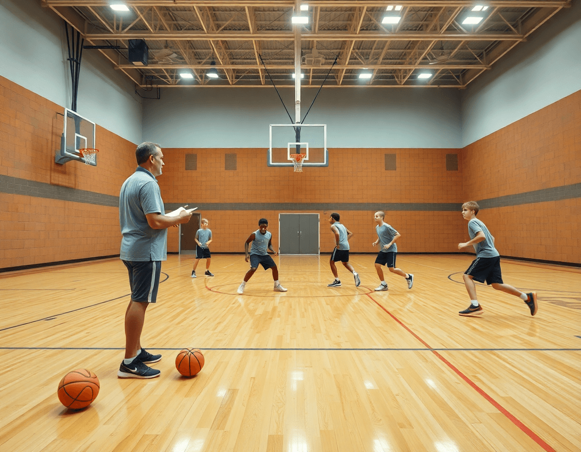 Wide basketball gym scene showing a coach teaching pick and roll plays for youth basketball.