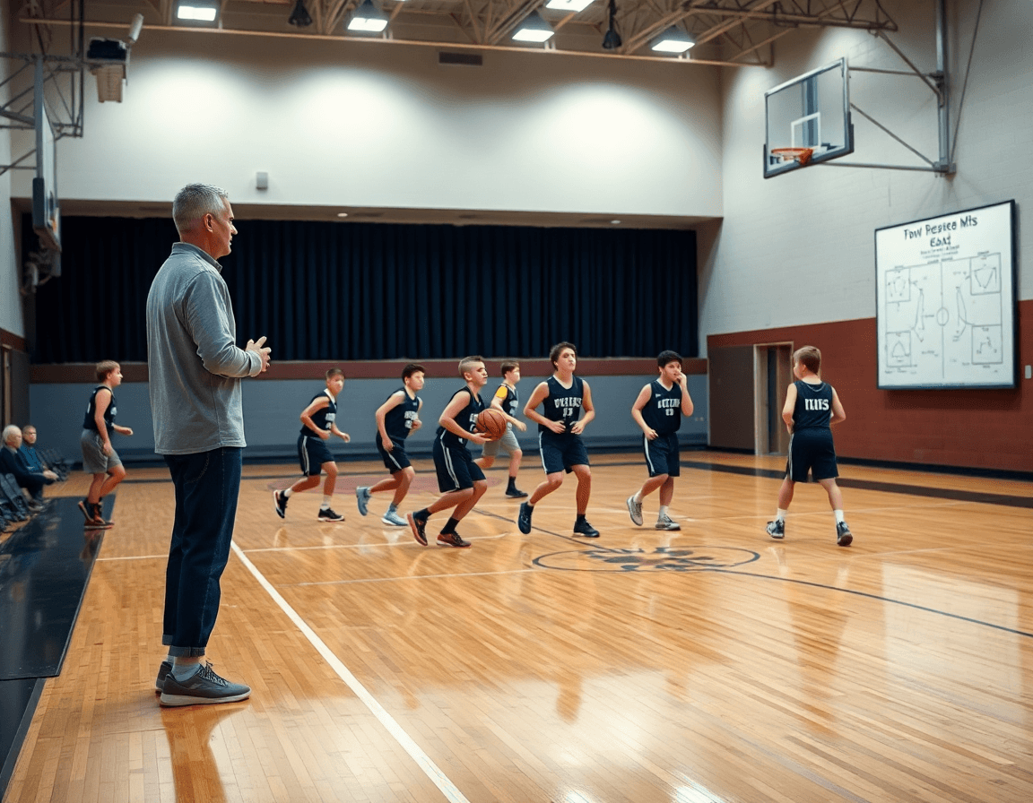Coach maps age-appropriate basketball drills on a whiteboard for 4th to 8th grade.