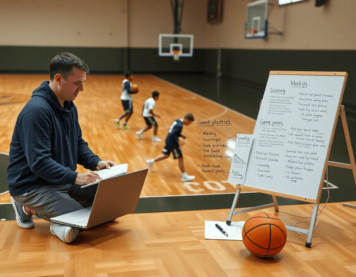 Coach reviews scouting notes for basketball game prep with assistants beside a hardwood court.