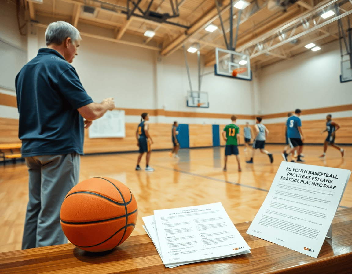 Wide basketball gym with a coach guiding players through 30 youth basketball practice plans pdf drills.