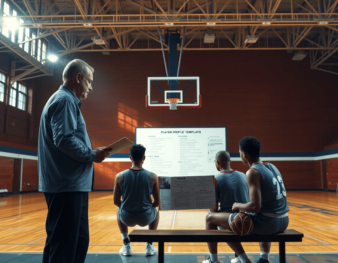 A coach shows the player profile template basketball packet to players during practice.