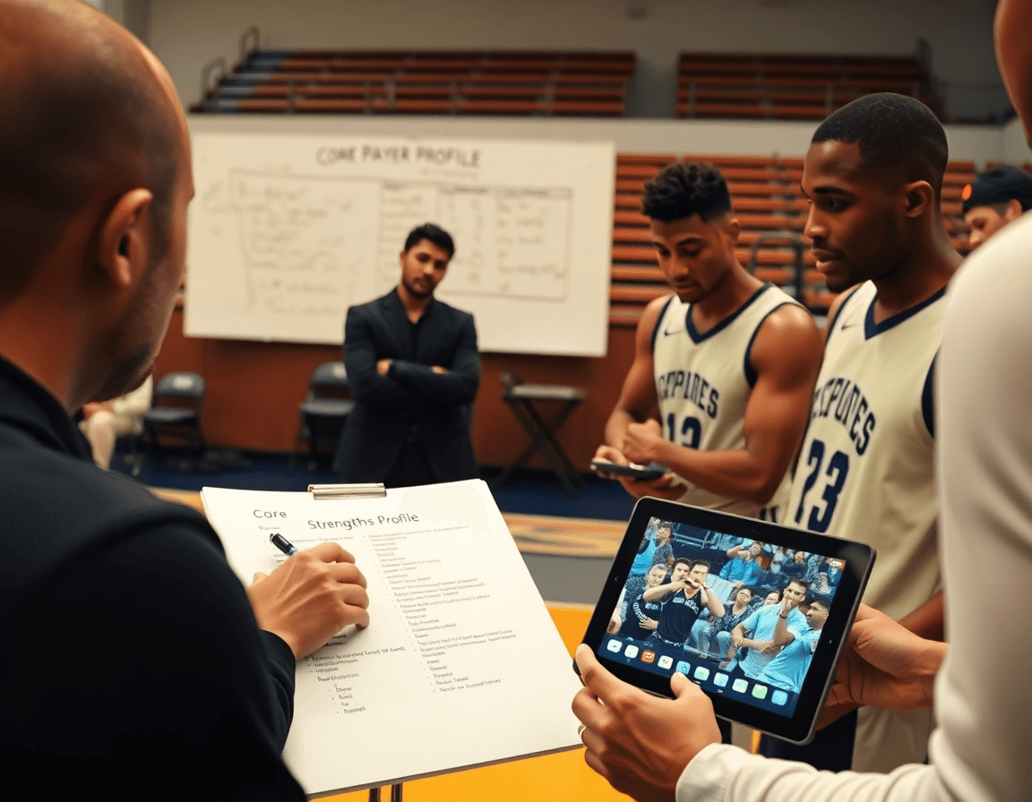 Hands flip through the player profile template basketball on a whiteboard as players study strengths.