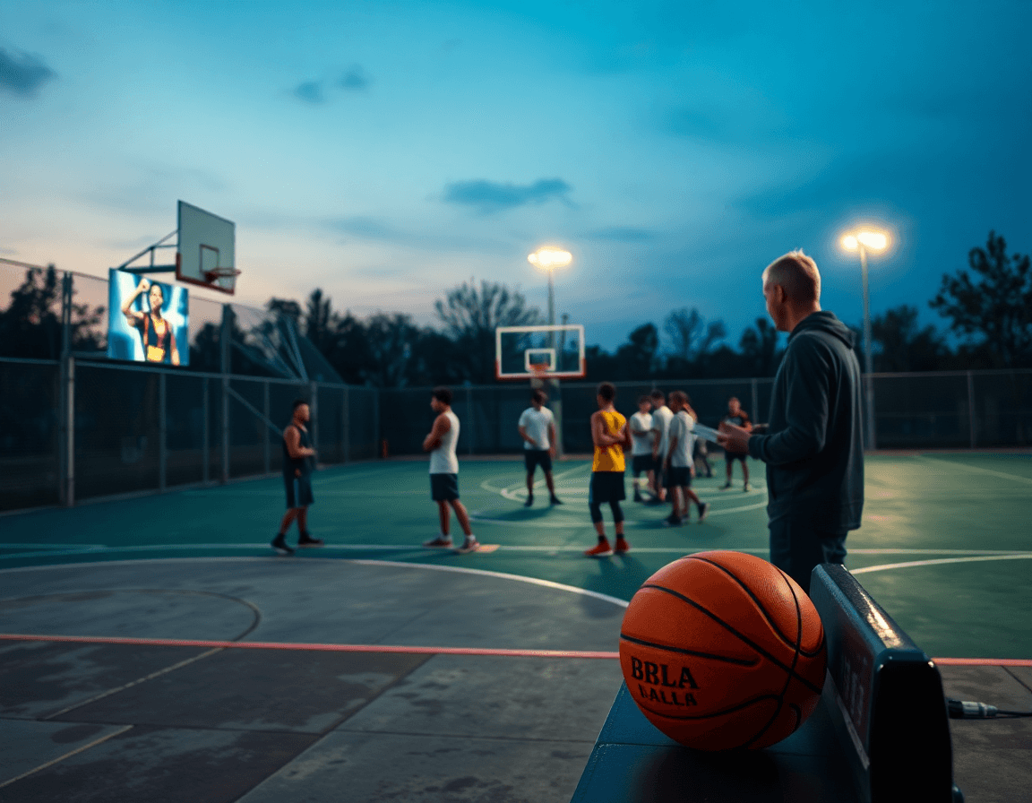 Basketball scouts watch highlights on a projector while notes on the player profile template basketball are taken.