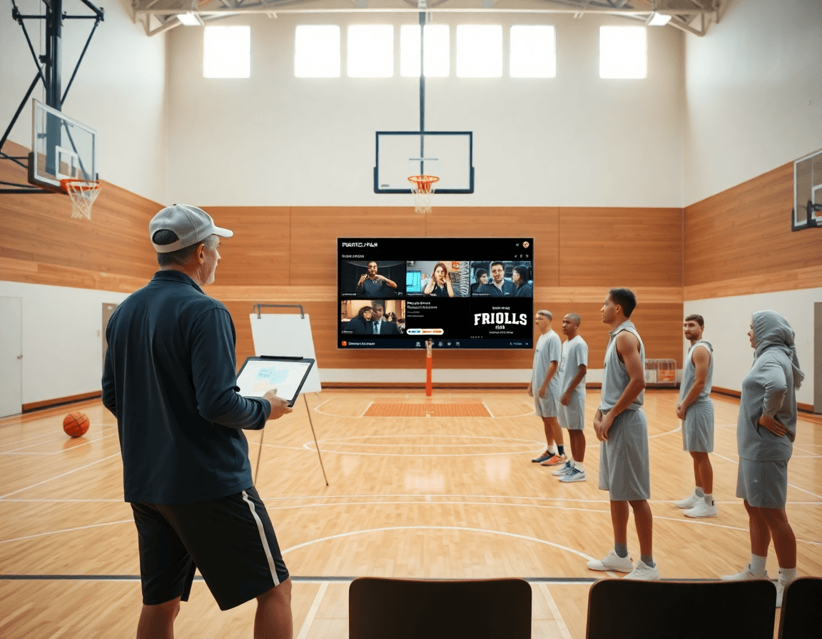 Coach presenting a weekly player profile template basketball packet to players during basketball practice.