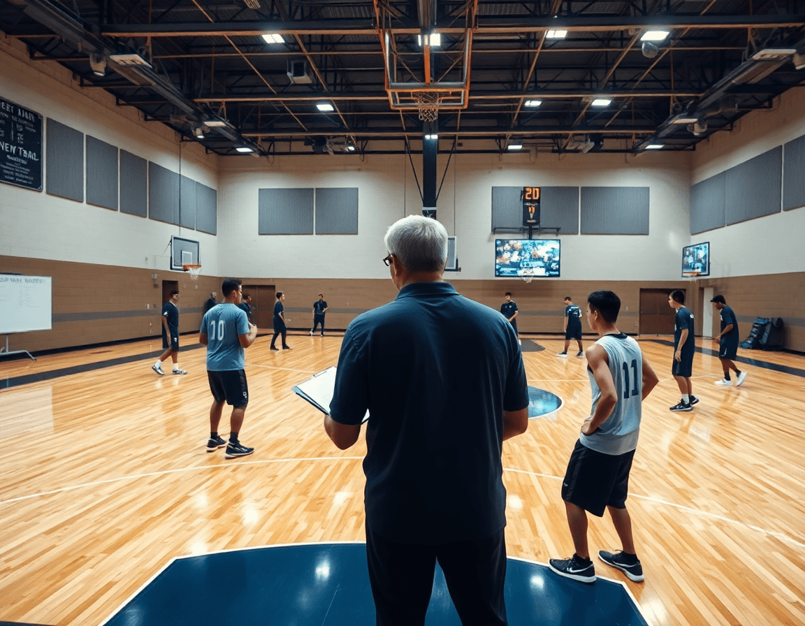 Wide basketball gym scene: coach with clipboard overseeing a basketball drill across the hardwood.
