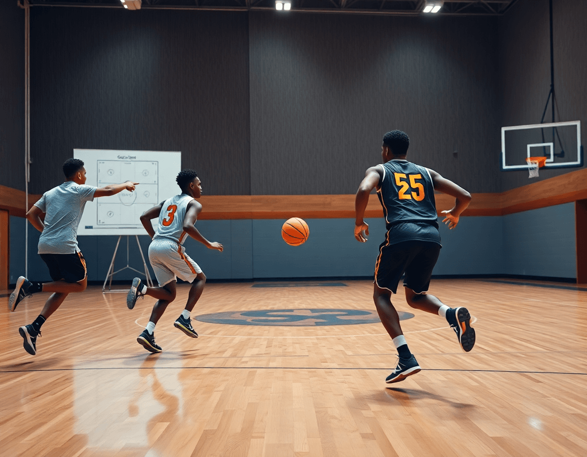 Two groups run a basketball drill on a full court with coach and whiteboard.