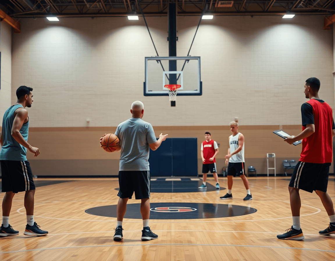 Stations around the basketball court show a rotating drill with coach overseeing.
