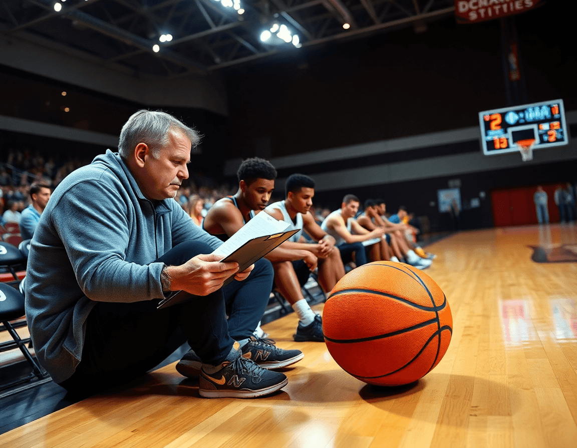 Coach reviewing basketball scouting notes as players watch video clips on a laptop.