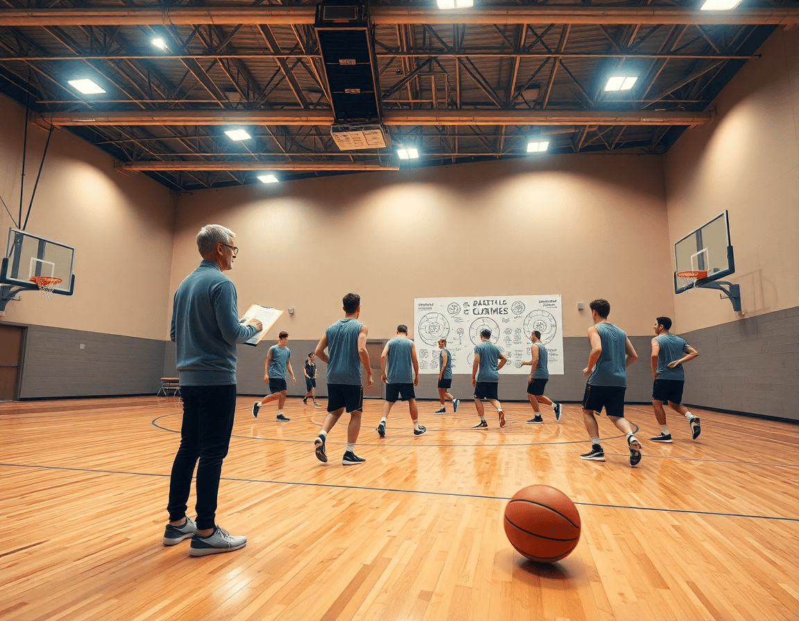 Wide basketball gym scene with coach and players practicing basketball plays on a hardwood court.