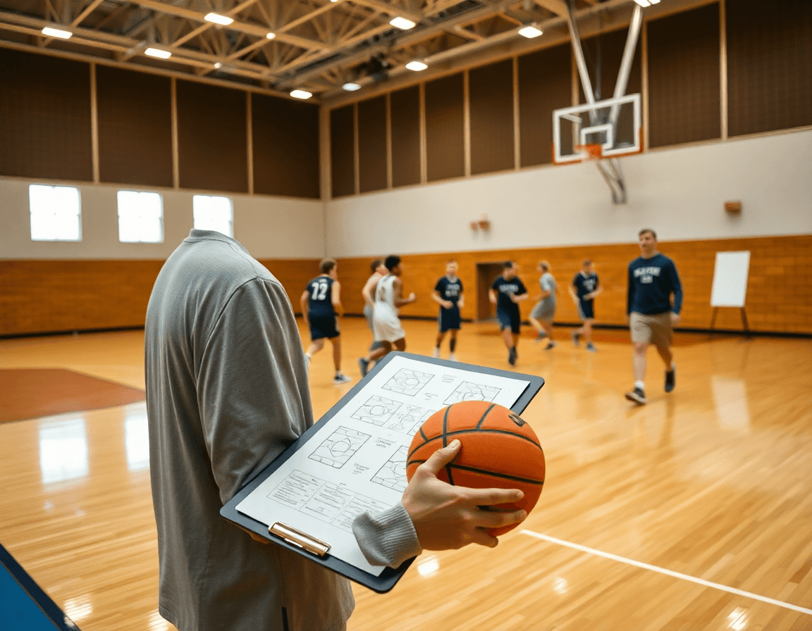 Close-up: printable basketball play sheets on clipboard during indoor basketball drill practice.