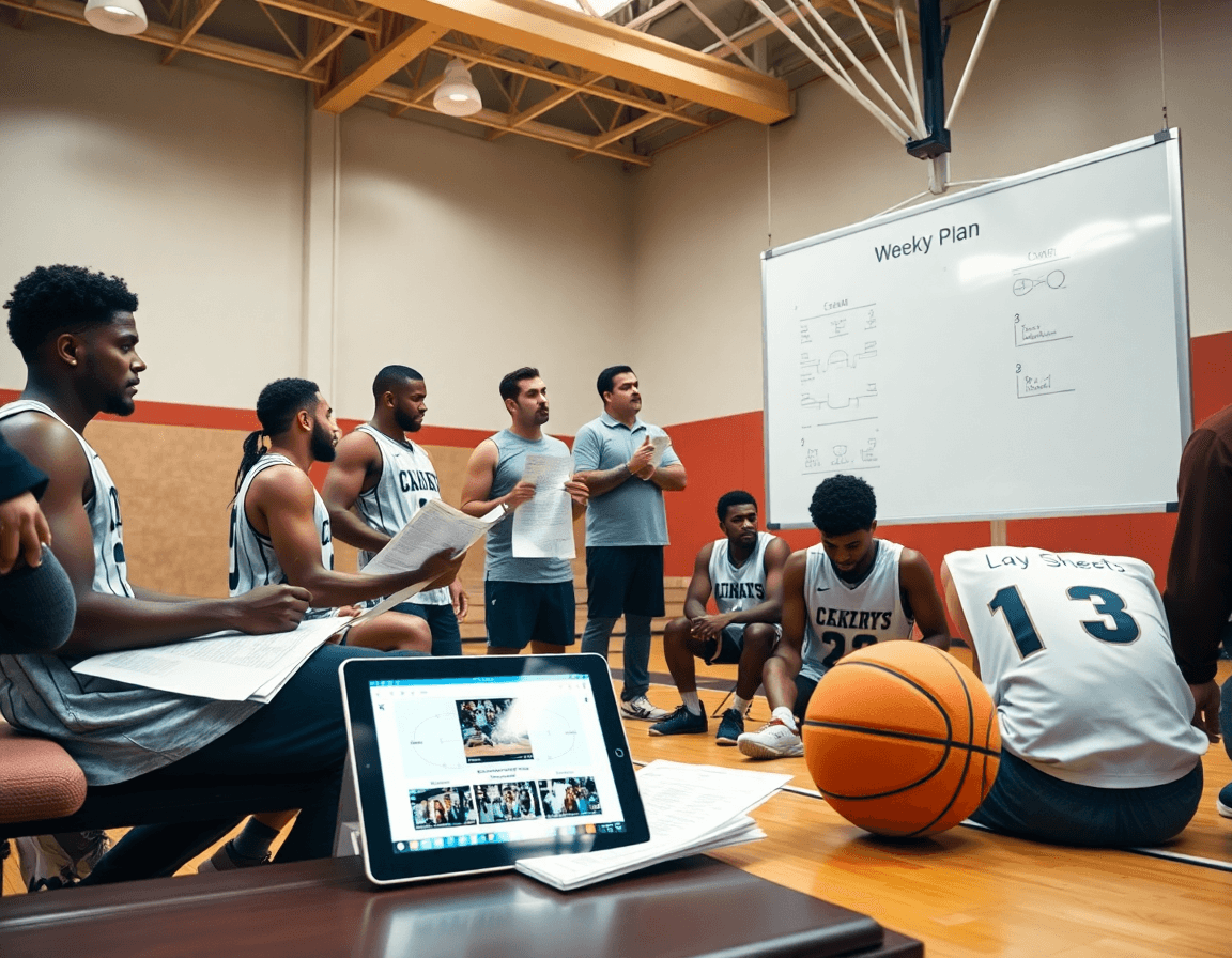 Coach links weekly plan from printed sheets to whiteboard during indoor basketball practice.