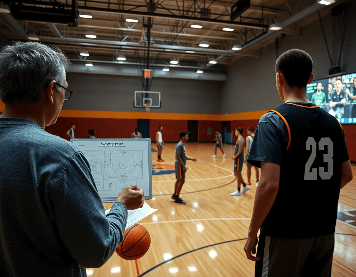 Scout-focused scene: coach reviews printable basketball play sheets and whiteboard defense in gym.