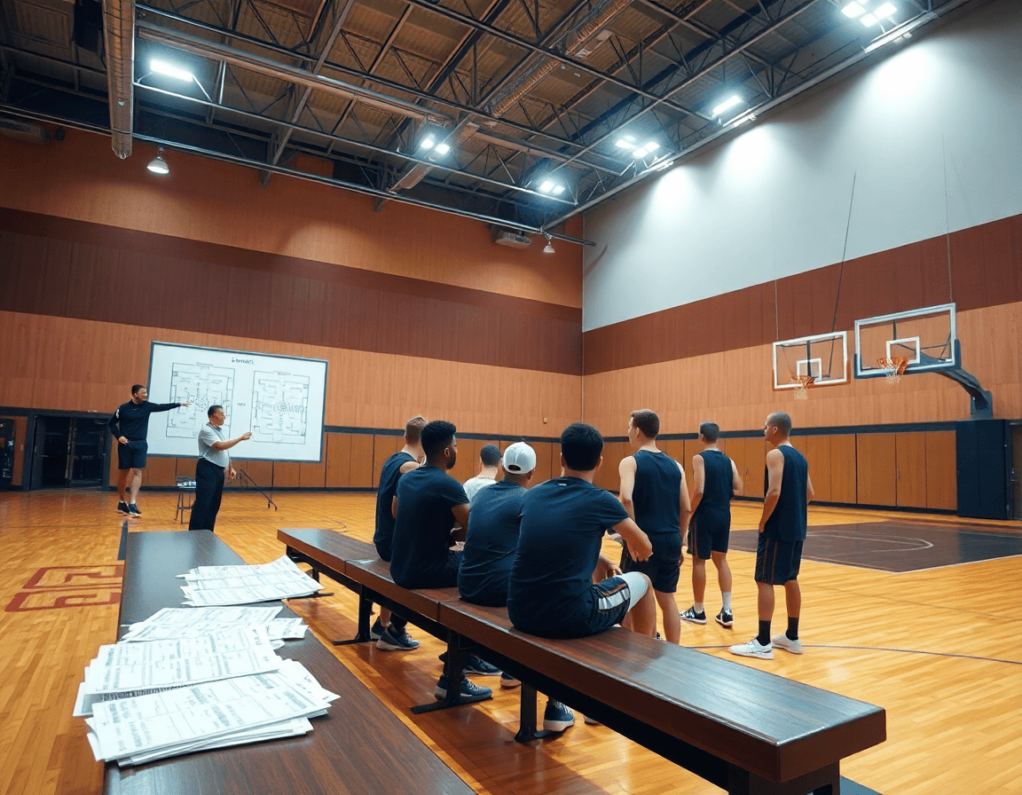 Wide gym scene: coach, players, and printable basketball play sheets on the bench.