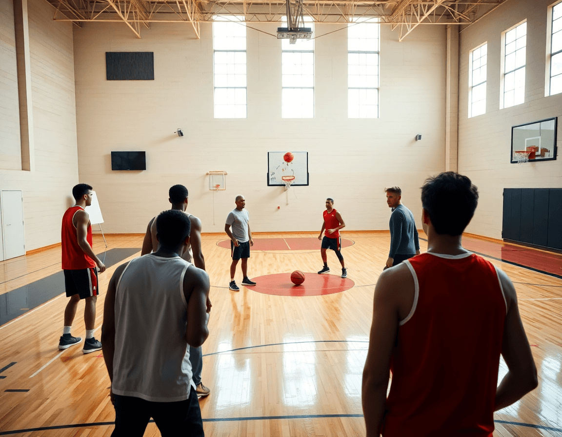Coach demonstrates quick hitters basketball formations on a whiteboard as players rotate around the perimeter.
