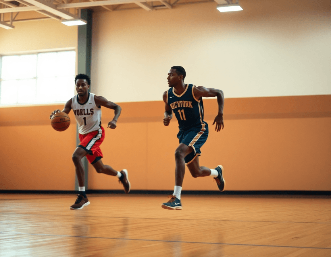 Players running a fast-break drill in practice