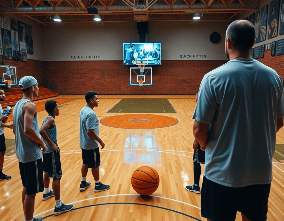 Coach reviews quick hitters basketball clips on a tablet while players take notes.
