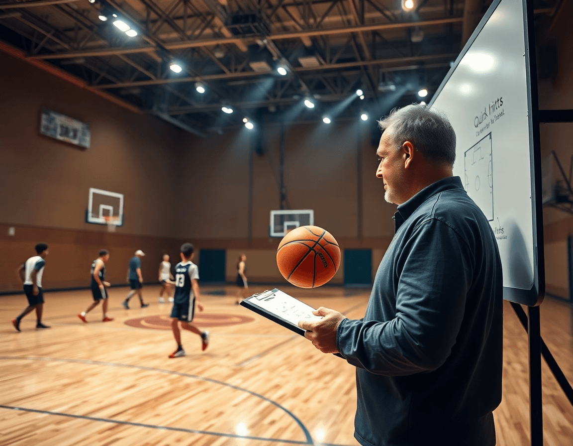 Wide shot of a basketball gym as coaches teach quick hitters basketball plays to a focused team.