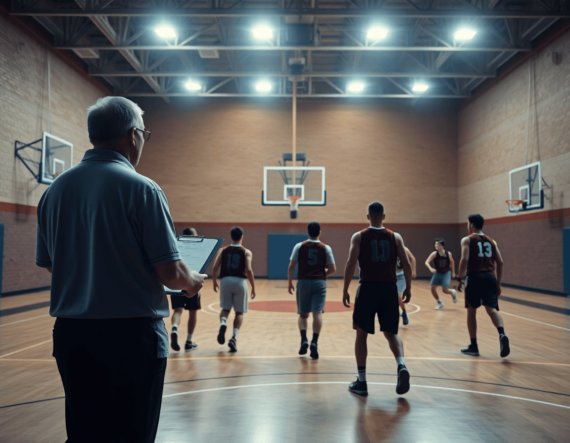 Wide cinematic view of a concrete-court gym as players backs to camera run a screen in basketball drill.