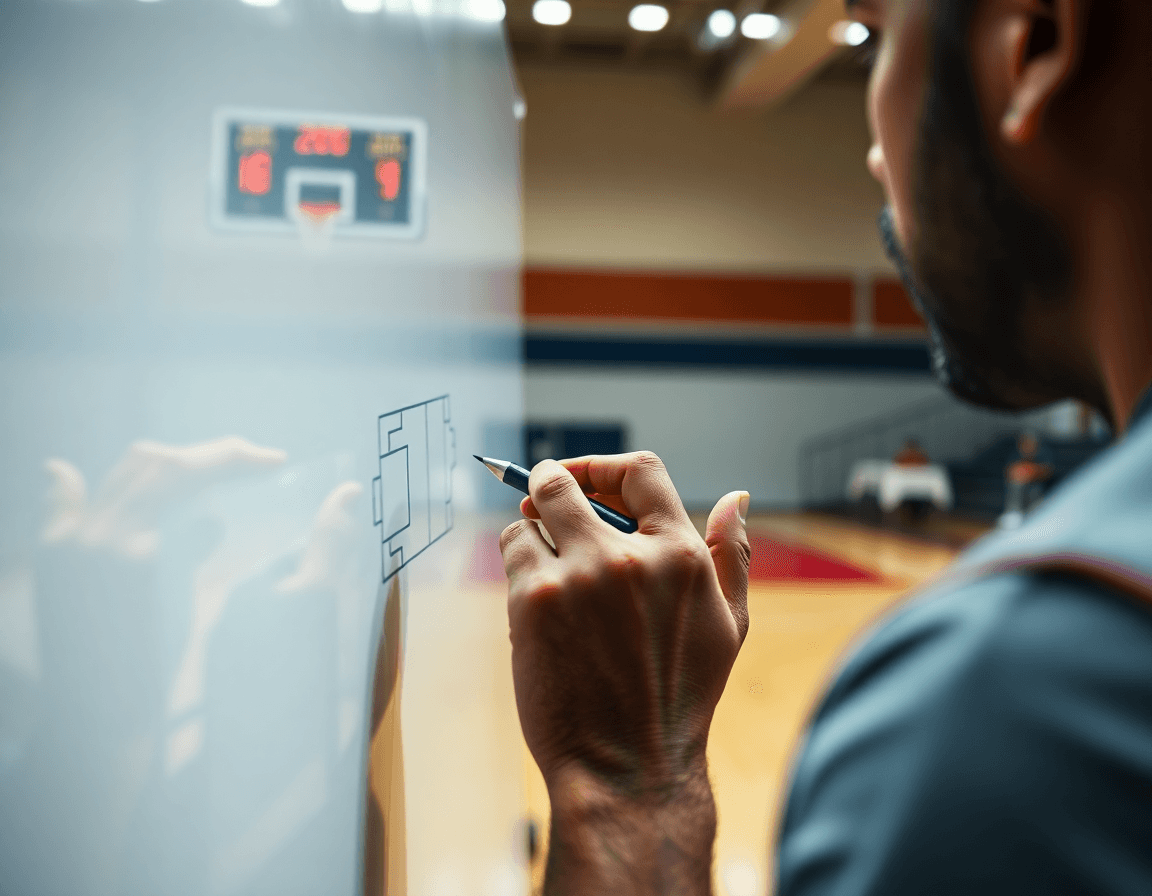Close-up on coach hands drawing a set play on a whiteboard during basketball practice.